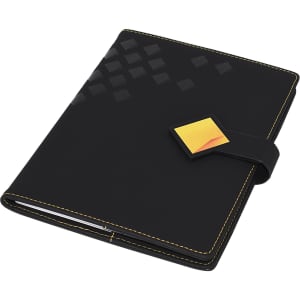 A black A5 portfolio with a geometric design and a yellow accent, featuring a clasp closure and stitching details.