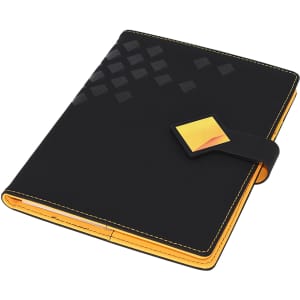 A black and yellow A5 portfolio with a diamond-shaped closure and a textured design on the cover.