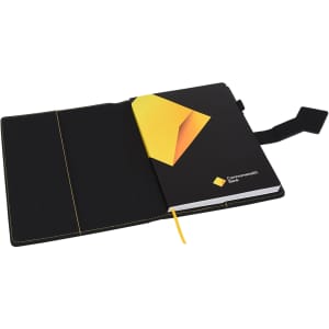 A black portfolio with a yellow accent, featuring a logo, and an open inner section for documents.