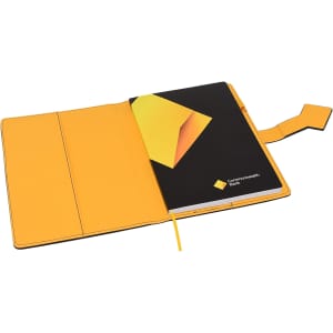A black and yellow portfolio with a textured cover and an inner pocket, featuring a logo and a bookmark ribbon.