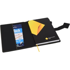 A black A5 portfolio featuring a yellow design, with an elastic band and a pocket for storing items.