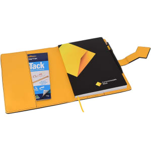 A black and yellow A5 portfolio with an internal pocket and a sticky adhesive holder. It features a branding logo.