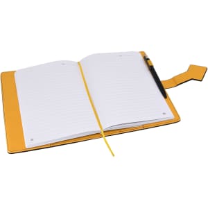 A yellow A5 portfolio featuring blank lined pages, a pen, and a bookmark tab. It has a sleek design.
