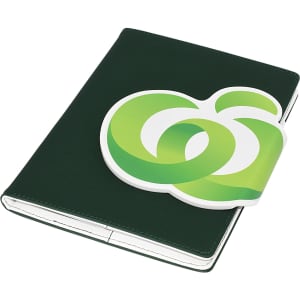 A green A5 portfolio with a curved logo design on the front. The portfolio features a sleek finish and a notepad inside.