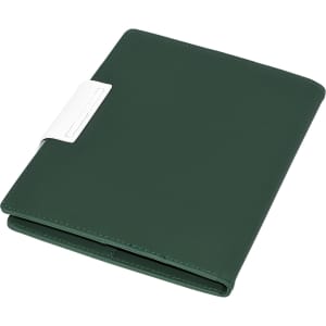 A green A5 portfolio with a white clasp, suitable for professional or business use.