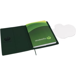 A green A5 portfolio compendium with a notebook and a white sticky note pad inside, featuring a logo.