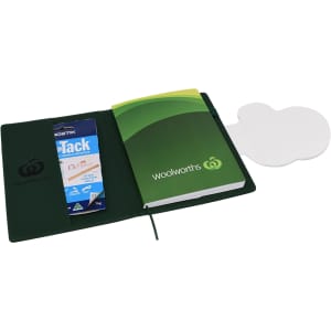 A green portfolio featuring a notebook and sticky notes, with a logo present on the cover.