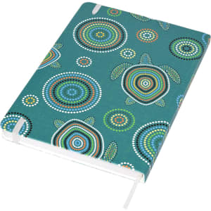 A design notebook in teal, featuring circular patterns in various colours on the cover, with a logo.