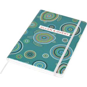 A full-colour A5 notebook with a vibrant teal design featuring circular patterns and a branded logo.