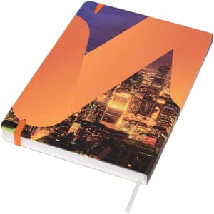 A full colour A5 notebook featuring a vibrant orange design with a city skyline background and an elastic closure.