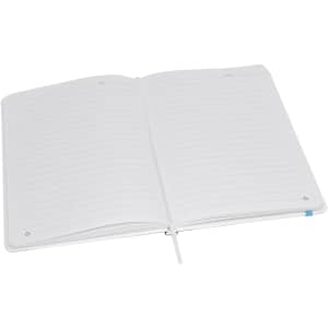 An A5 notebook featuring a full-colour matte finish, with lined pages and a ribbon marker, showcasing a clean white design.