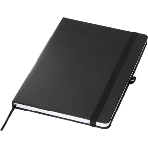 A black A5 notebook with a textured cover, elastic closure, and a bookmark ribbon, featuring a logo.