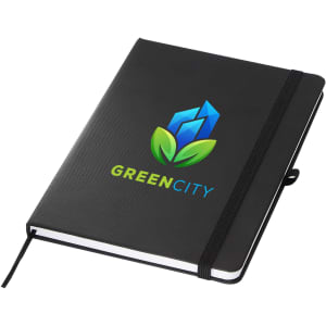 A black A5 notebook with a logo on the cover and an elastic band closure.