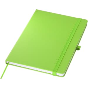 A bright green A5 notebook with a textured cover and an elastic closure, featuring a bookmark ribbon.