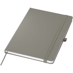 A green A5 notebook with a textured cover, elastic band closure, and a ribbon bookmark. It features a logo on the cover.