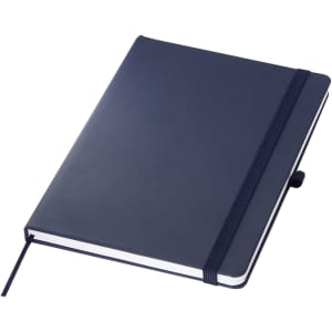 A navy blue A5 notebook with a textured cover, an elastic band, and a ribbon bookmark. It features a logo.
