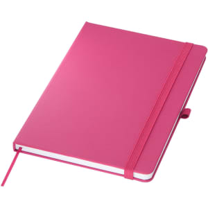 A pink A5 notebook with a textured cover, featuring an elastic band and a ribbon bookmark. It has a logo on the cover.
