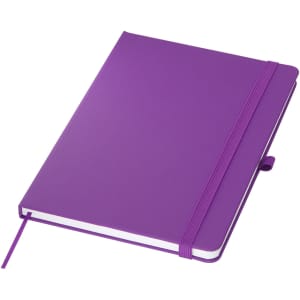 A purple A5 notebook with a textured cover, elastic band closure, and a ribbon bookmark. It features a logo.