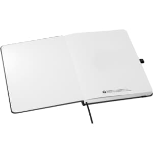 An open A5 notebook with blank white pages and a black cover, featuring a logo on the inner page.