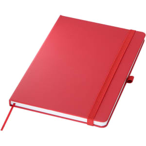 A red A5 notebook with a textured cover, featuring an elastic band and ribbon bookmark. It includes a logo.