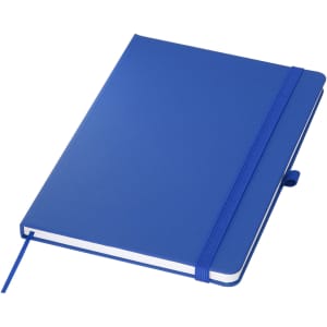 A blue A5 notebook with a textured cover, featuring an elastic band and a ribbon bookmark.