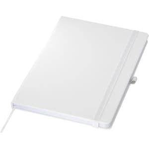 A white A5 notebook with a textured cover, an elastic band, and a ribbon marker, featuring a logo.