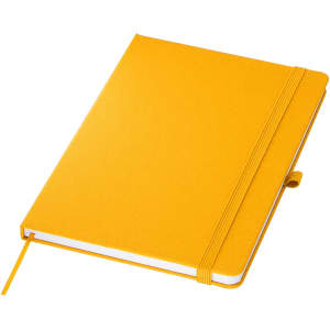 A yellow A5 notebook featuring a textured cover, an elastic band, and a ribbon bookmark. It includes branding.