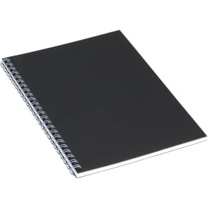 A black A5 spiral notebook with a white spiral binding, featuring a plain cover and no visible branding.