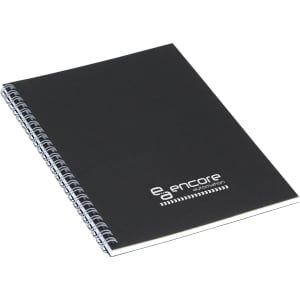 A black A5 spiral notebook with a branded logo on the cover.