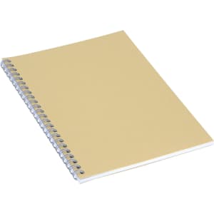 A yellow Eco Spiral A5 notebook with a spiral binding and plain pages, featuring a logo on the cover.