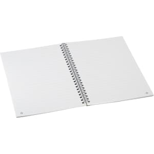 An open A5 spiral notebook with lined pages and a silver spiral binding, featuring a plain white cover.