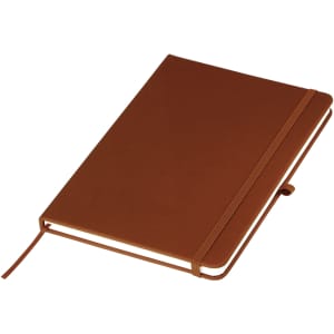 A brown A5 notebook with a matching elastic band and a ribbon bookmark, featuring a logo on the cover.