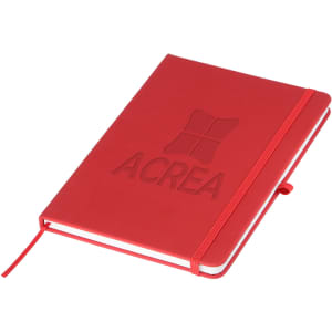 A red A5 notebook featuring a logo on the front and an elastic band closure.