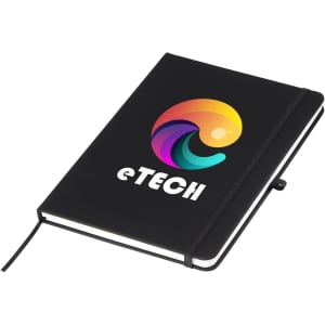 A black A5 notebook with an elastic band and a vibrant logo on the cover.