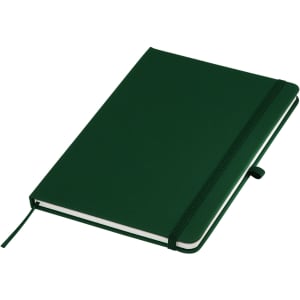 A dark green A5 notebook with a textured cover, elastic closure, and a ribbon bookmark. Features a logo on the cover.