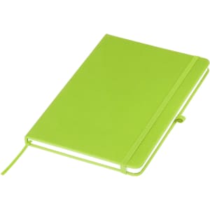 A bright green A5 notebook with a smooth cover, elastic band, and ribbon bookmark, featuring a logo.
