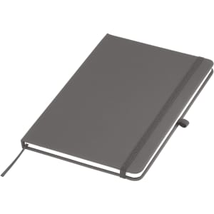 A grey A5 notebook with a textured cover, elastic band closure, and a ribbon bookmark. It has a logo on the front.