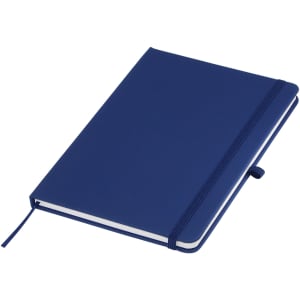 A navy blue A5 notebook with a textured cover, elastic closure, and ribbon bookmark, featuring a logo on the front.