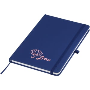 A navy A5 notebook with a pink lotus design and an elastic band closure. Features a logo on the front cover.