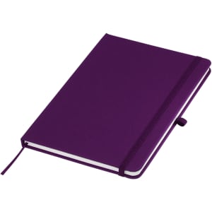 A purple A5 notebook with an elastic closure and a ribbon bookmark, featuring a logo on the cover.