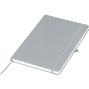A grey A5 notebook with a soft cover, elastic band, and a ribbon bookmark, featuring a logo on the cover.
