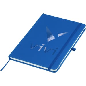 A blue A5 notebook with a glossy logo and an elastic closure, featuring a ribbon marker.