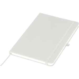 A white A5 notebook with an elastic closure, featuring a logo and a ribbon bookmark.