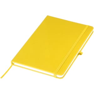 A yellow A5 notebook with a bookmark and elastic closure, featuring a logo on the cover.