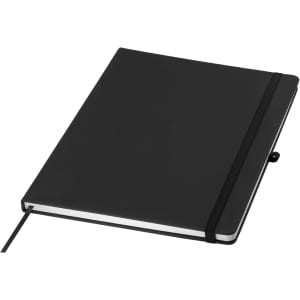 A black A4 notebook with a secure elastic closure and a ribbon marker, featuring a logo on the cover.