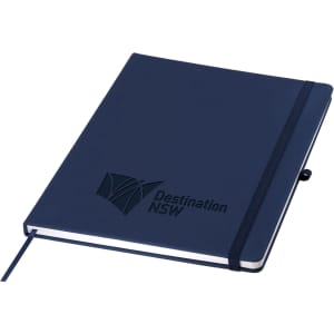 A navy A4 notebook with an elastic closure and a branded logo on the cover.