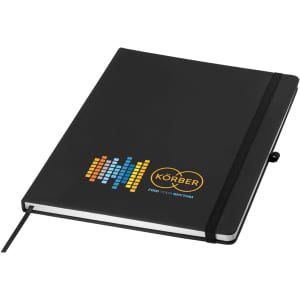 A black A4 notebook with an elastic band, featuring a multicoloured graphic and a branded logo.