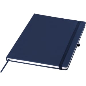 A navy A4 notebook with a soft cover, elastic band closure, and a ribbon bookmark. It includes a logo on the cover.