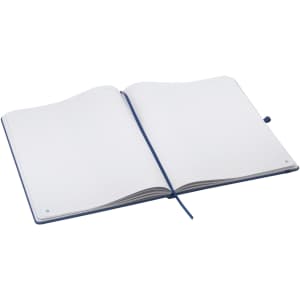 An open A4 notebook featuring lined pages and a blue cover, with a ribbon bookmark.