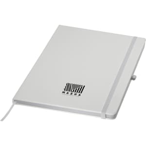 A white A4 notebook with a logo, featuring an elastic band closure and a ribbon bookmark.